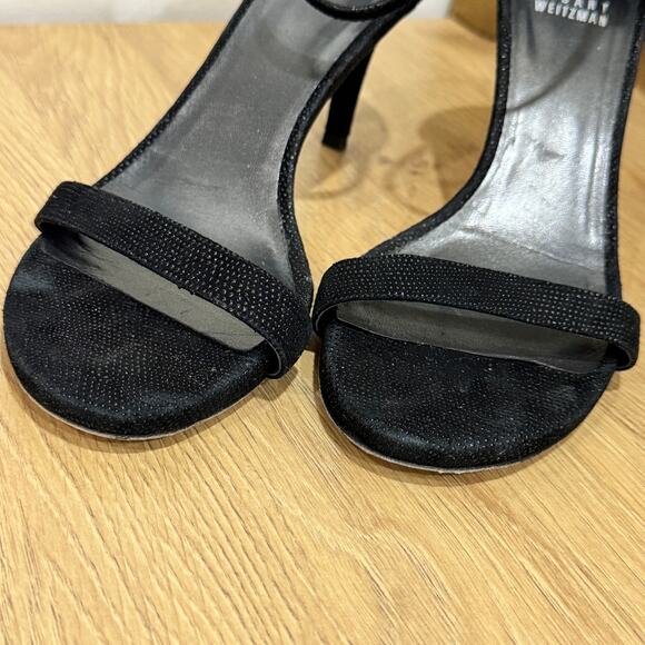 STUART WEITZMAN NuNudist Heels SZ 7 Black Suede Embellished Sandals Ankle Strap - Picture 4 of 8